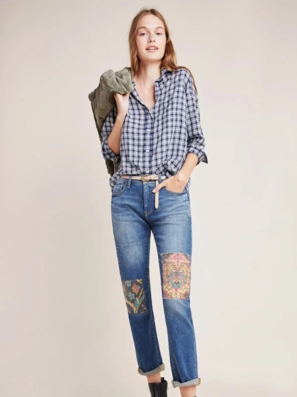 Anthropologie Pilcro Slim Boyfriend Patch Mid Rise jeans Cottagecore Peasant 30